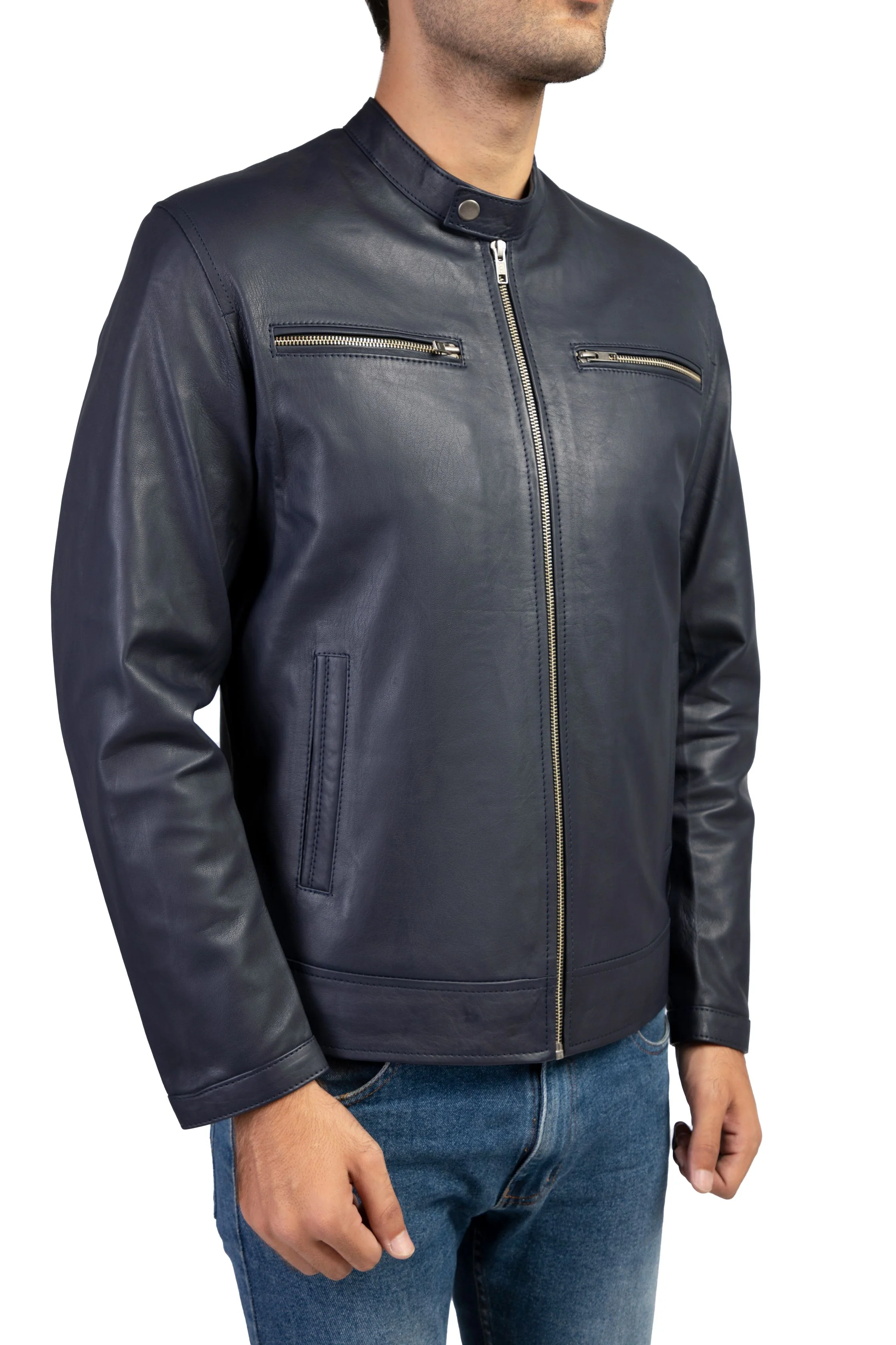 Blue Mens Pure Sheep Leather Zipper Jacket